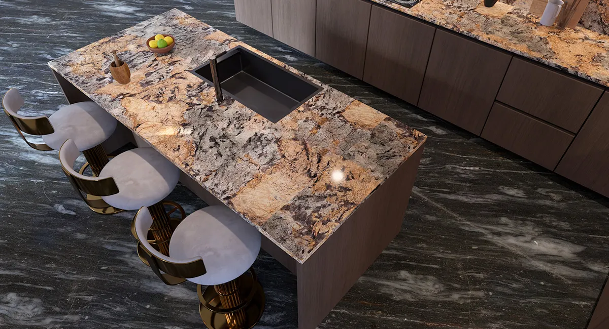 Гранит Tourmaline Gold в интерьере (остров, барная стойка и столешница)